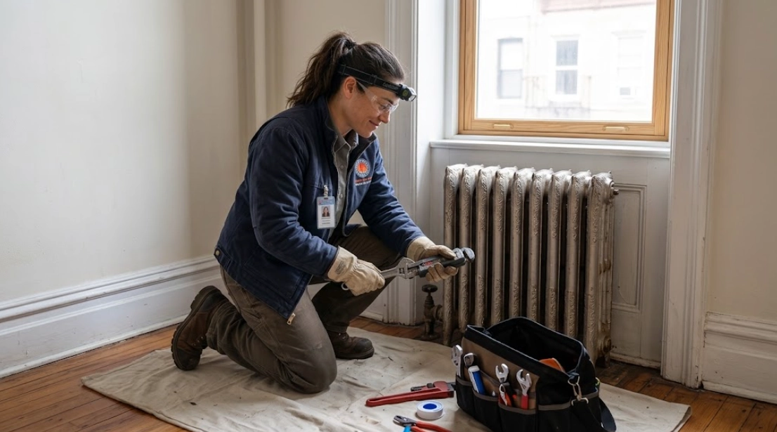 Plumber using a pipe wrench to service and repair a cast iron steam radiator valve.